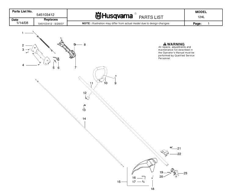 Shaft And Handle Diagram and Parts List for 124L 20082200001-Current Husqvarna Edger