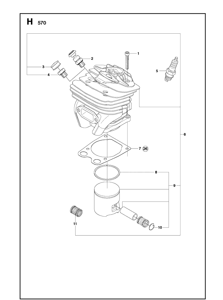 Cylinder Piston Diagram and Parts List for 570 (570 EPA)(20090100001-Current) Husqvarna Chainsaw