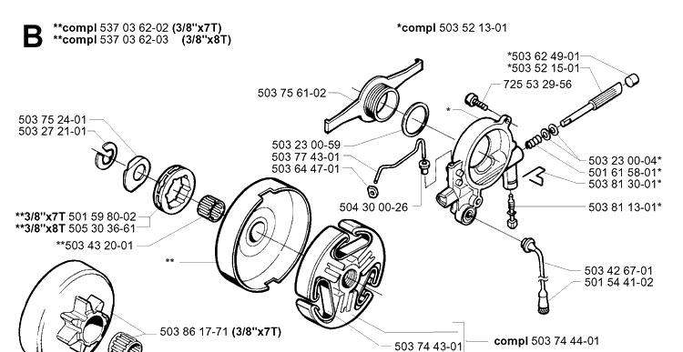 Clutch And Oil Pump Diagram and Parts List for 365 20034400001-20051800000 Husqvarna Chainsaw