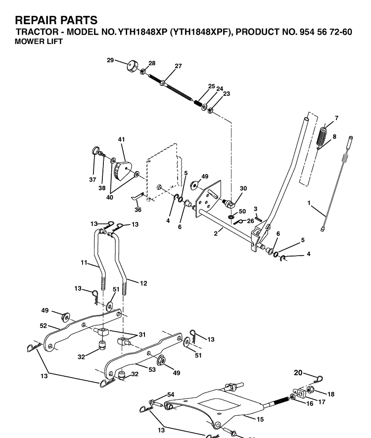 Mower Lift / Deck Lift Diagram and Parts List for YTH1848XP (954567260)(2003-06) Husqvarna Lawn Tractor