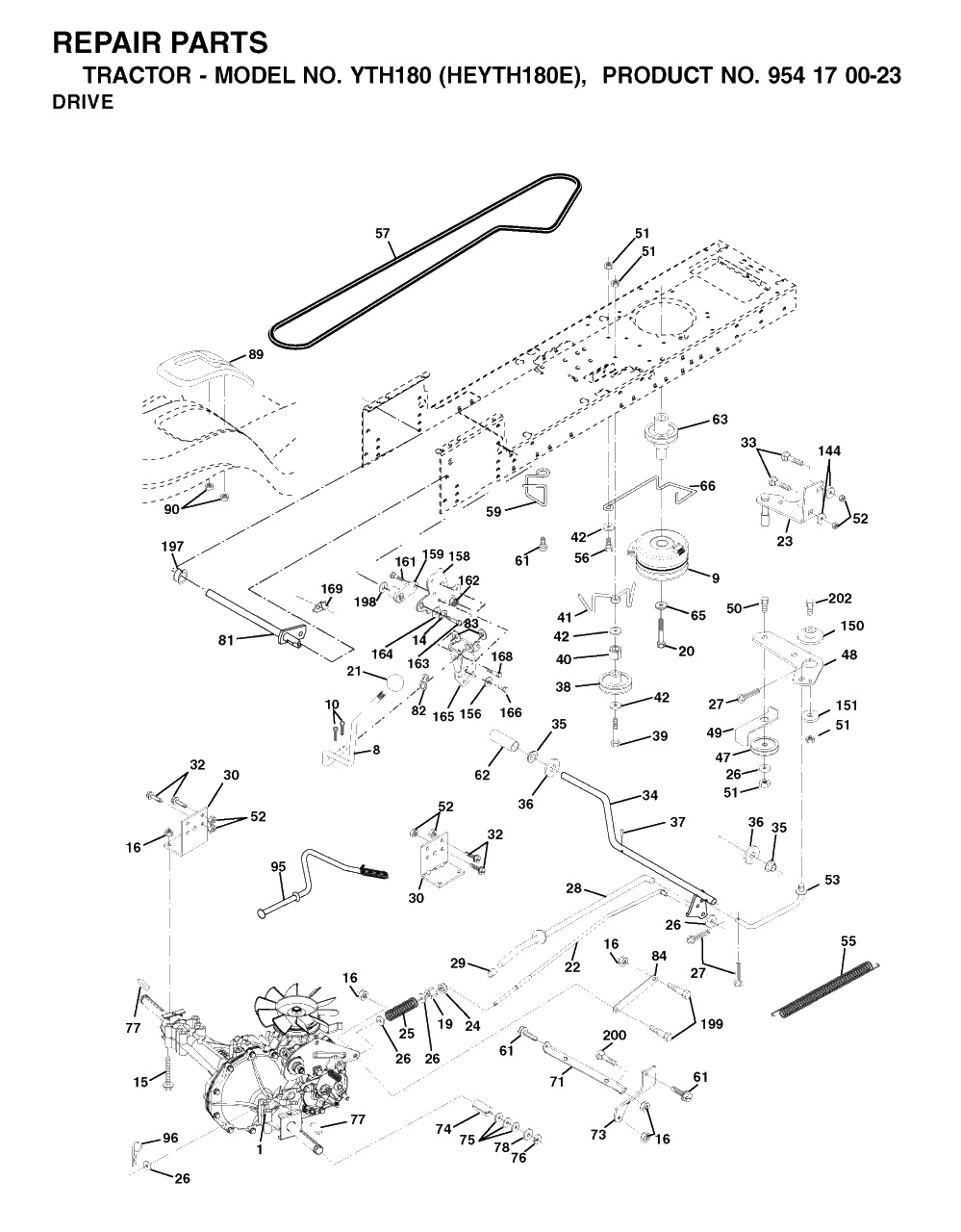 Drive Diagram and Parts List for YTH180 (954170023-E)(2001-01) Husqvarna Lawn Tractor