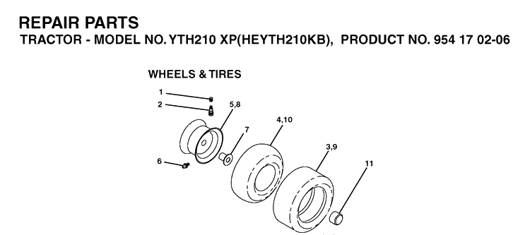 Wheels And Tires Diagram and Parts List for YTH210XP (HEYTH210KB)(2004-01) Husqvarna Lawn Tractor