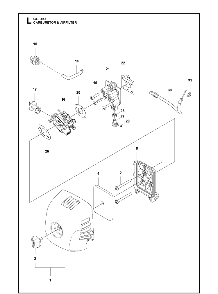 Carburetor And Air Filter Diagram and Parts List for 543RBX 20182200001-Current Husqvarna Brush Cutter