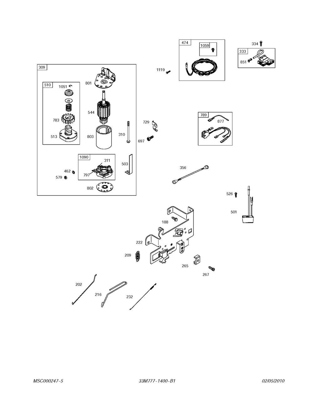 Starter Diagram and Parts List for 33M777-1400-B1  Husqvarna Engine
