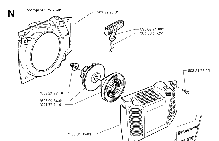 Starter Diagram and Parts List for 335XPT 19970500001-19991000000 Husqvarna Chainsaw