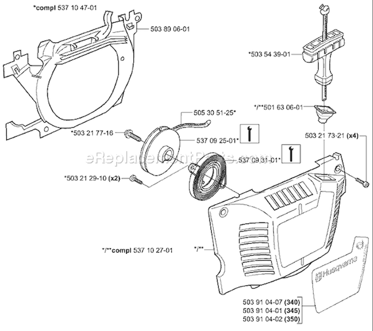 Page L Diagram and Parts List for 350 2001-09 Husqvarna Chainsaw