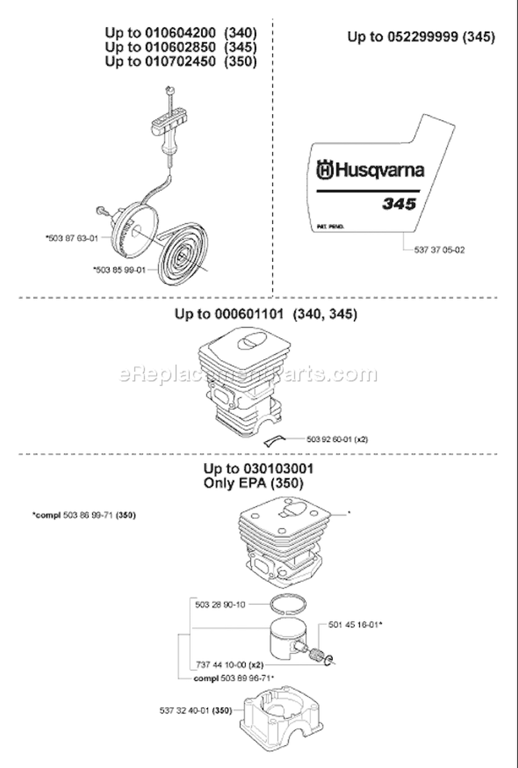 Page J Diagram and Parts List for 350 2005-05 Husqvarna Chainsaw