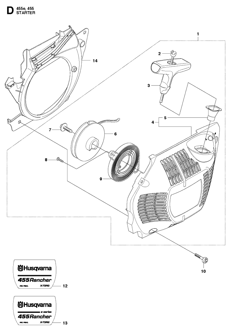 Starter Diagram and Parts List for 455 RANCHER Husqvarna Chainsaw