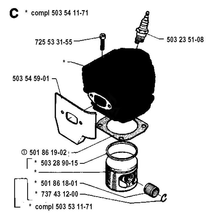 Cylinder Piston Diagram and Parts List for 262XP 19924400001-19942300000 Husqvarna Chainsaw