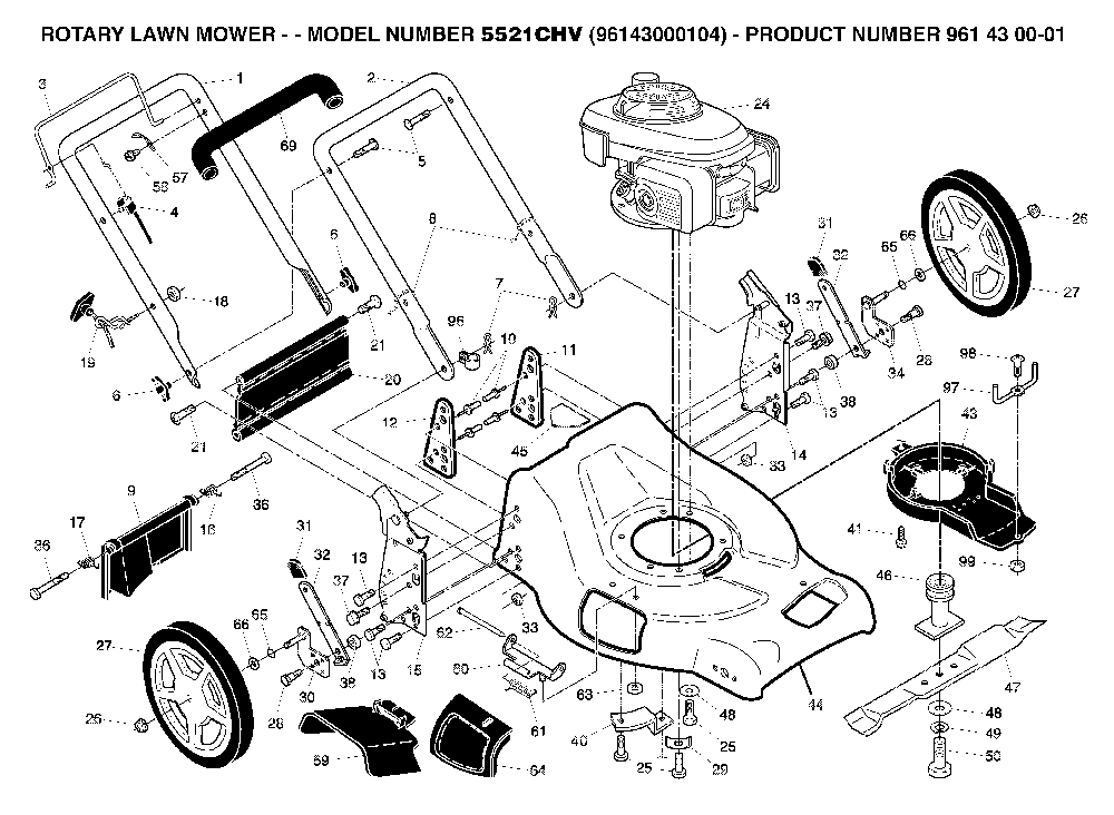 Product Complete Diagram and Parts List for 5521CHV (96143000104, 961430001)(2006-08) Husqvarna Lawn Mower
