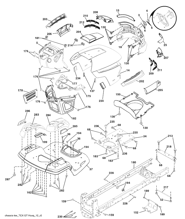 Chassis Diagram and Parts List for 2042LS (96043004800)(2007-12) Husqvarna Lawn Mower