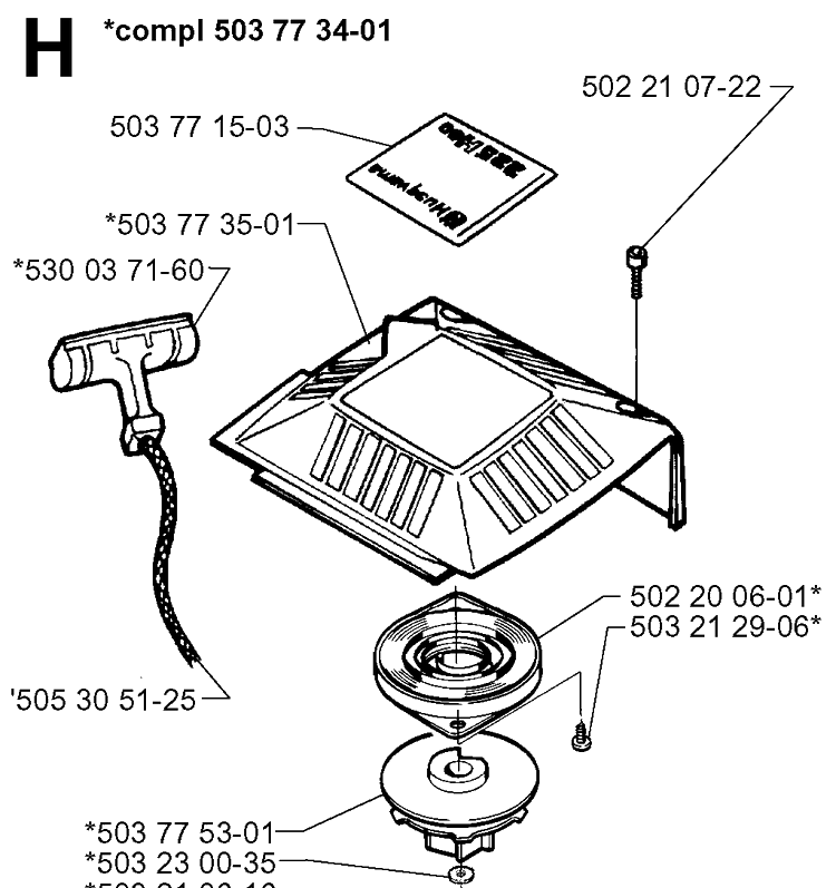 Starter Diagram and Parts List for 225HBV 19963100001-19970500000 Husqvarna Leaf Blower / Vacuum