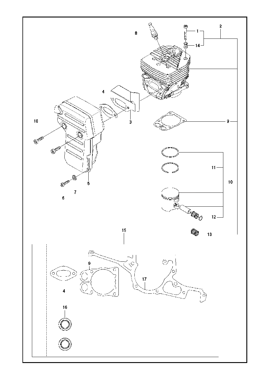 Cylinder, Piston And Muffler Diagram and Parts List for K970III 2016-07 Husqvarna Circular Saw