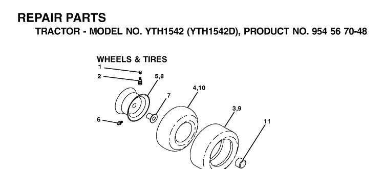 Wheels And Tires Diagram and Parts List for YTH1542 (954567048)(2001-11) Husqvarna Lawn Tractor