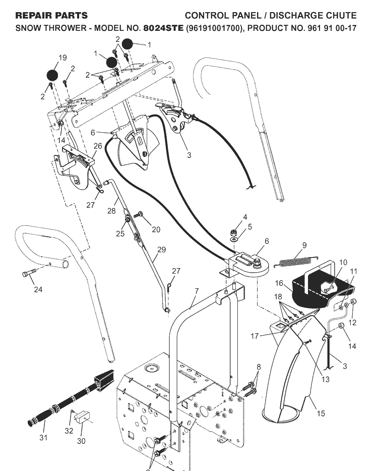Control Panel And Discharge Chute Diagram and Parts List for 8024STE (96191001700)(2007-07) Husqvarna Snow Blower