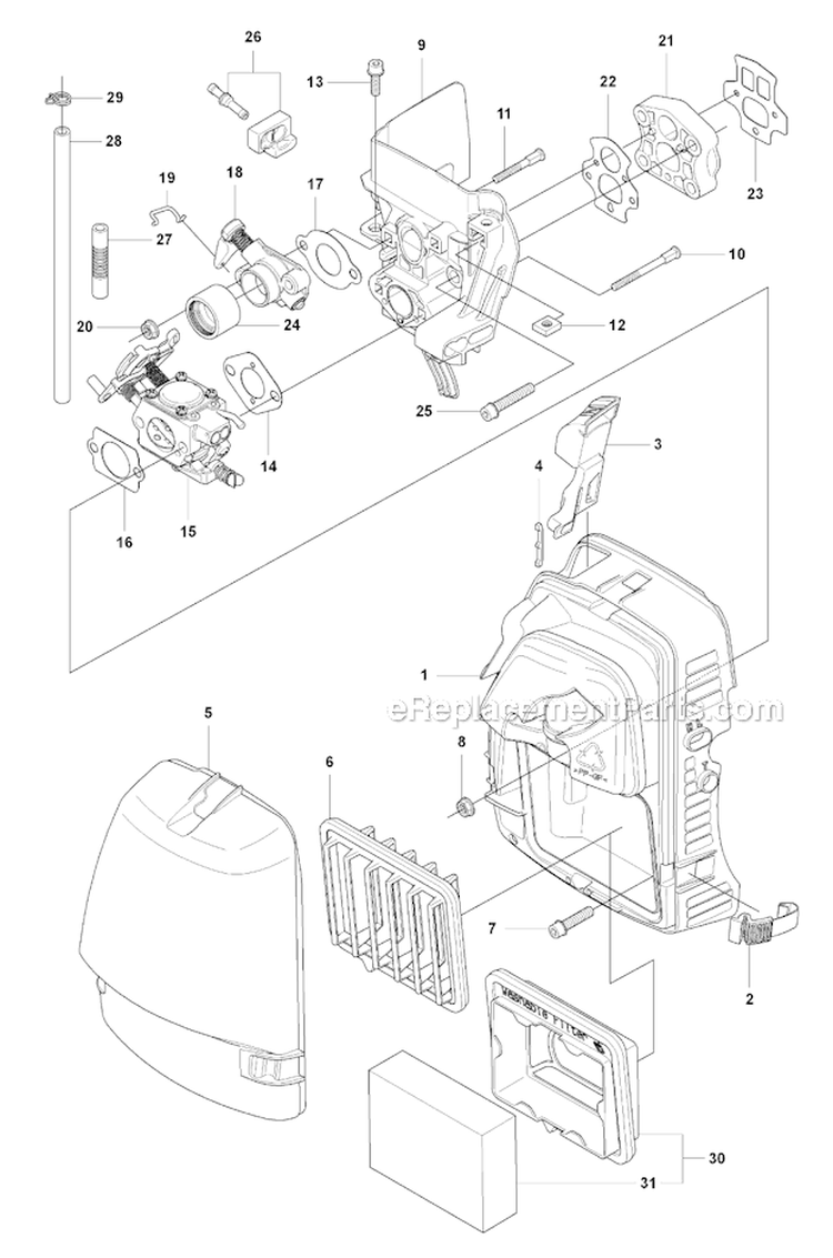 Carburetor  Air Filter Diagram and Parts List for 355FRM 2008-07 Husqvarna Brush Cutter