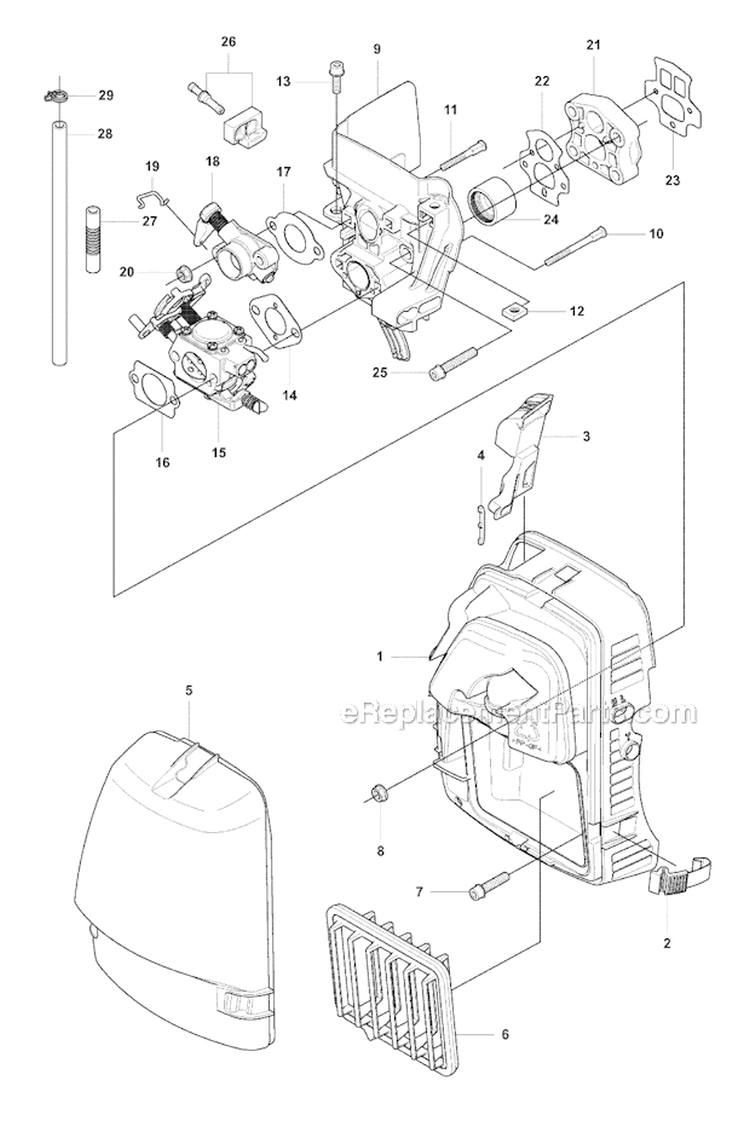 Carburetor  Air Filter Diagram and Parts List for 355FXT 2007-08 Husqvarna Brush Cutter