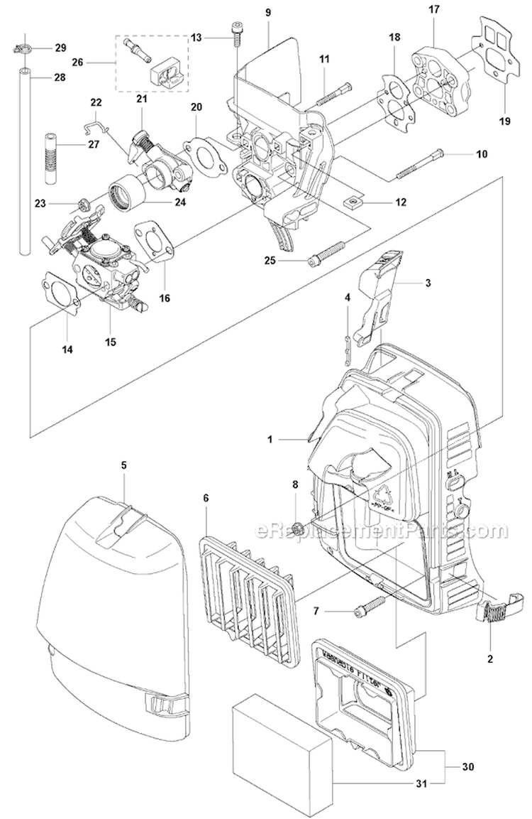 Carburetor  Air Filter Diagram and Parts List for 355RX 2011-01 Husqvarna Brush Cutter
