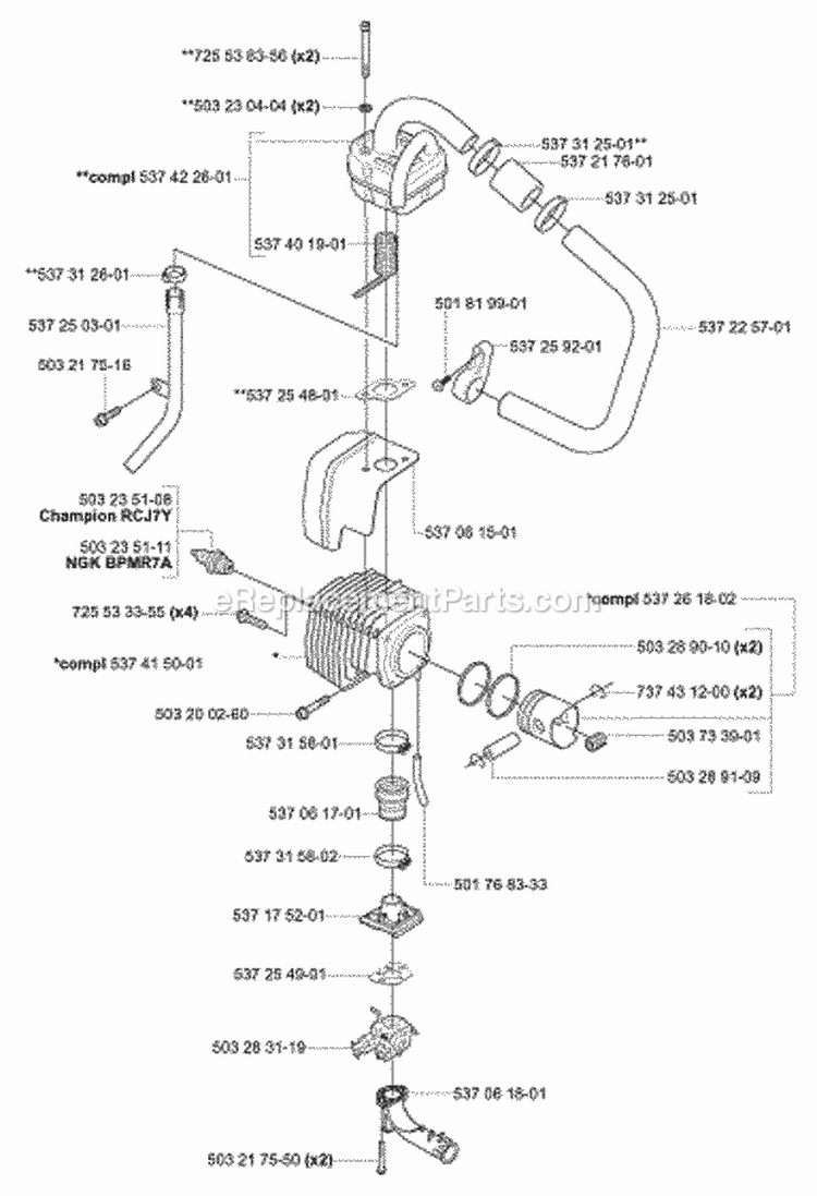 Cylinder Piston  Muffler Diagram and Parts List for 356BT X-Series - 2004-10 Husqvarna Leaf Blower / Vacuum