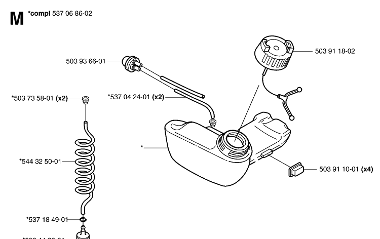 Fuel Tank Diagram and Parts List for 323R 20070100001-20144900000 Husqvarna Brush Cutter