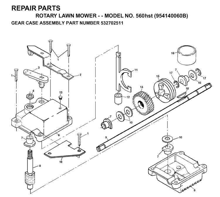 Gear Case Diagram and Parts List for 560HST (954140060B)(1998-10) Husqvarna Lawn Mower