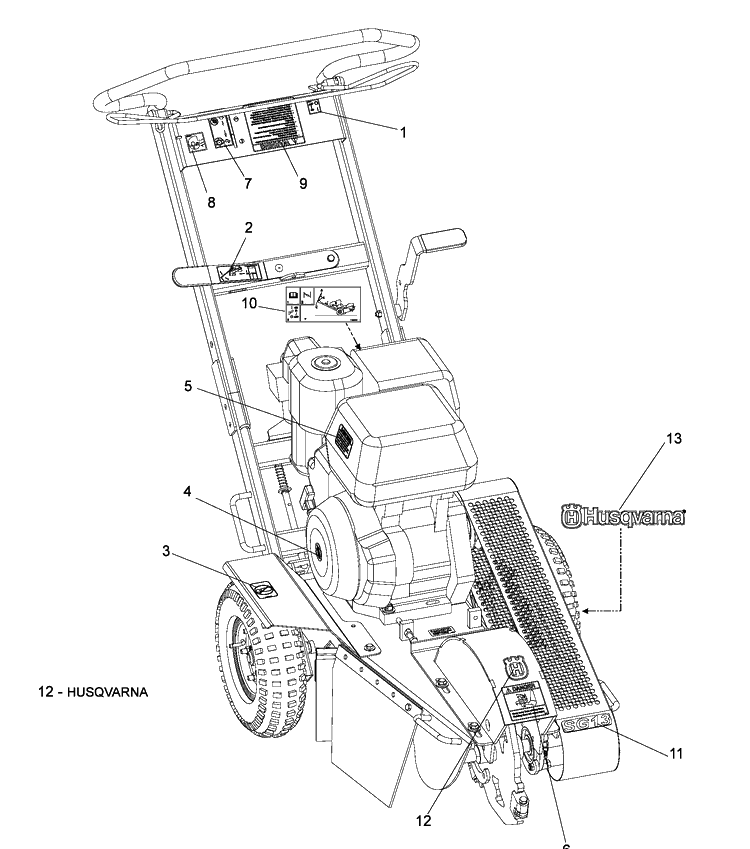 Decals Diagram and Parts List for SG13B (966042601)(2009-02) Husqvarna Stump Grinder