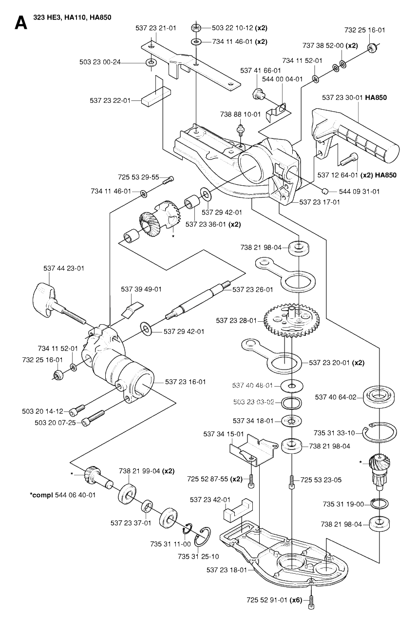 Gear Housing Diagram and Parts List for 325HDA55X 20054000001 & Above Husqvarna Hedge Trimmer