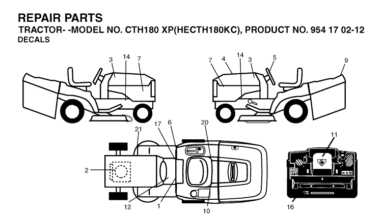 Decals Diagram and Parts List for CTH180XP (HECTH180KC)(2004-01) Husqvarna Lawn Tractor