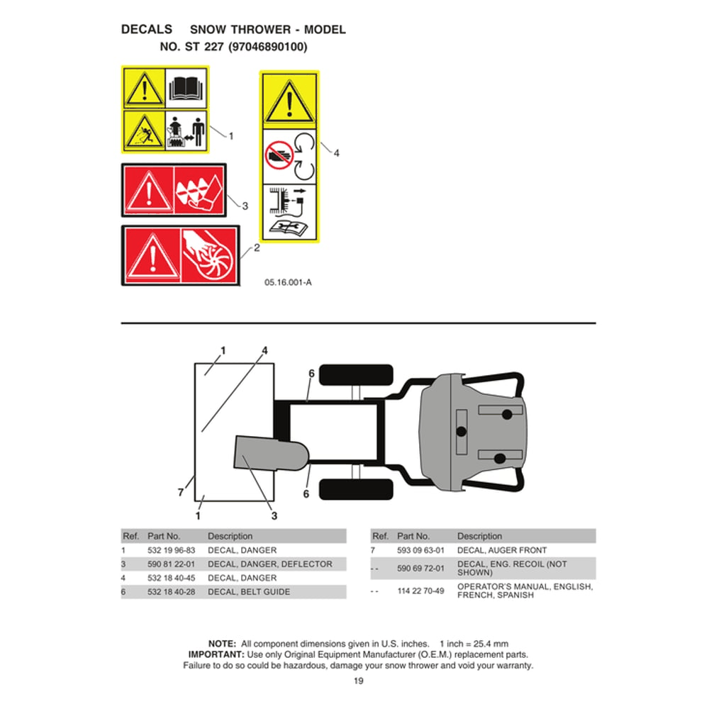 Decals 1 Diagram and Parts List for ST227-970528702  Husqvarna Snow Blower