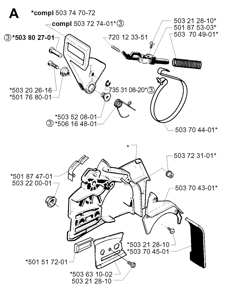 Chain Brake Diagram and Parts List for 257 20013500001-Current Husqvarna Chainsaw