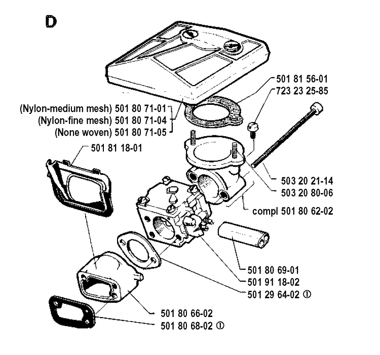 Carburetor And Air Filter Diagram and Parts List for 288 19900100001-19911400000 Husqvarna Chainsaw