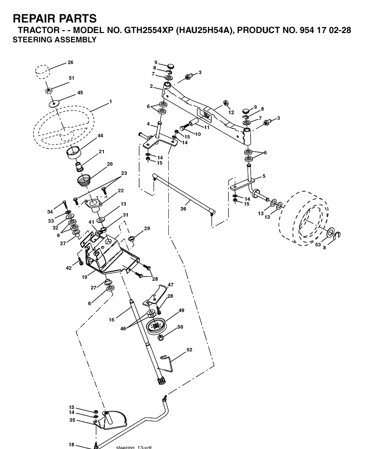 Steering Diagram and Parts List for GTH2554XP (HAU25H54A)(2004-09) Husqvarna Lawn Tractor
