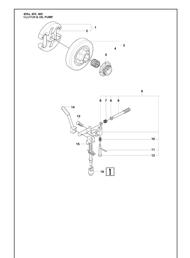 Clutch And Oil Pump Diagram and Parts List for 455E 2009-10 Husqvarna Chainsaw