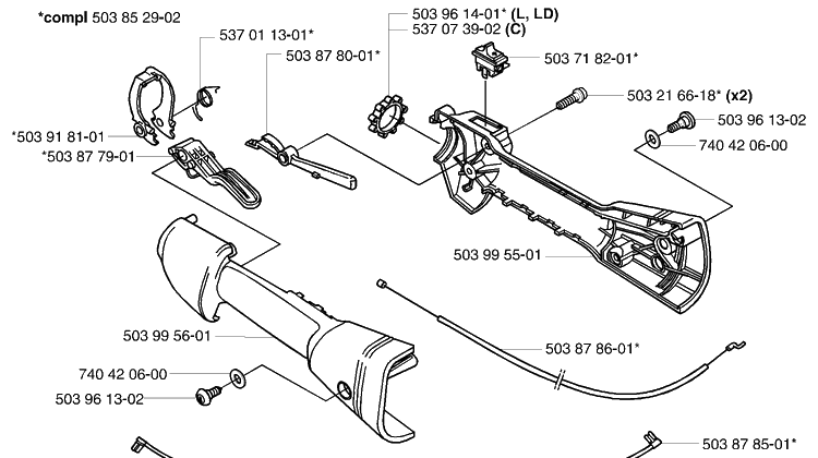 Throttle Assembly Diagram and Parts List for 123L 2004-01 Husqvarna Trimmer