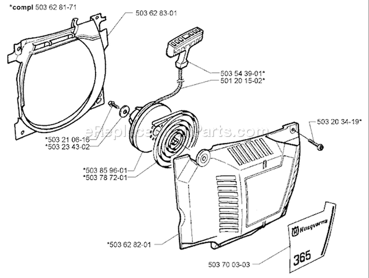 Page J Diagram and Parts List for 365EPA 365 EPA 1999-04 Husqvarna Chainsaw