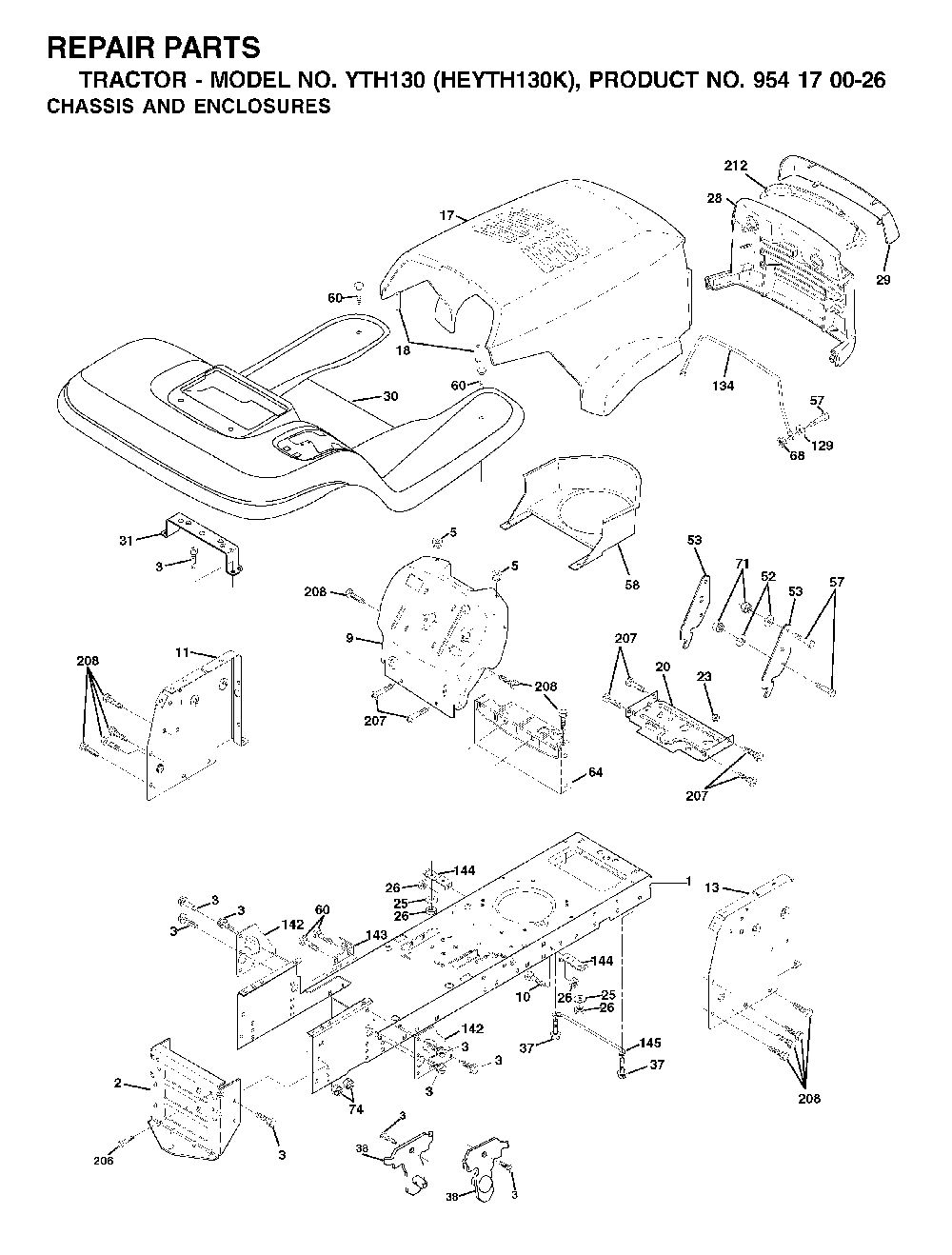 Chassis And Enclosures Diagram and Parts List for YTH130 (HEYTH130K, 954170026)(2001-01) Husqvarna Lawn Tractor
