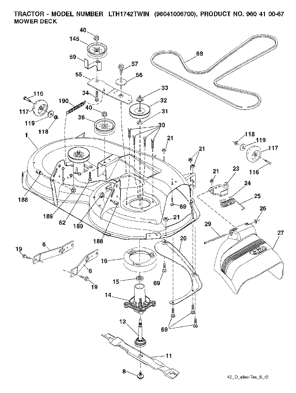 Mower Deck / Cutting Deck Diagram and Parts List for LTH1742TWIN (96041006700)(2008-01) Husqvarna Lawn Tractor