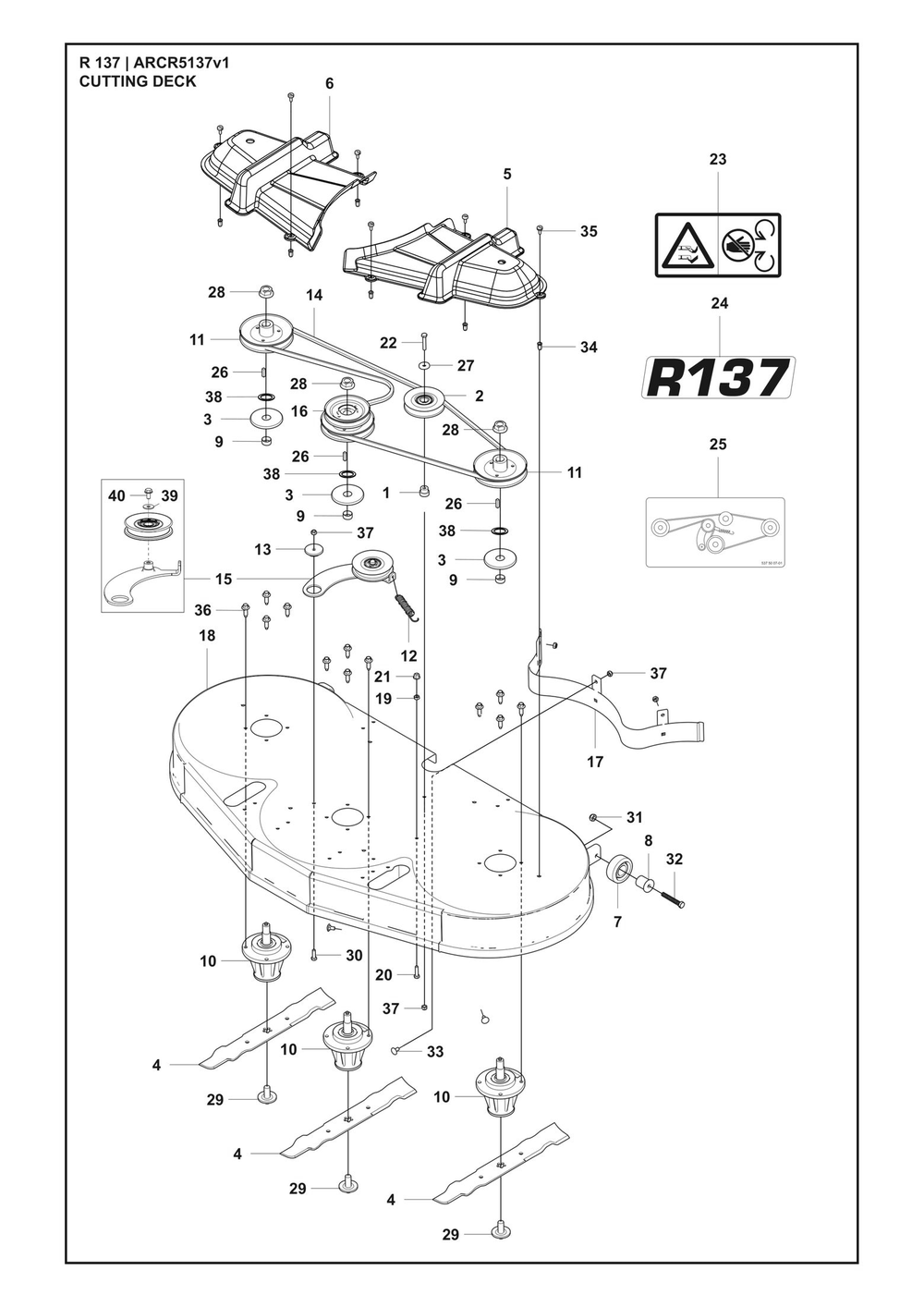 Mower Deck / Cutting Deck Diagram and Parts List for R137 ARCR5137v1 Husqvarna Lawn Tractor Accessories