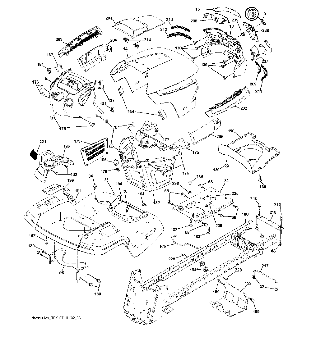 Chassis And Enclosures Diagram and Parts List for YTH2754T (96041006203)(2010-04) Husqvarna Lawn Tractor