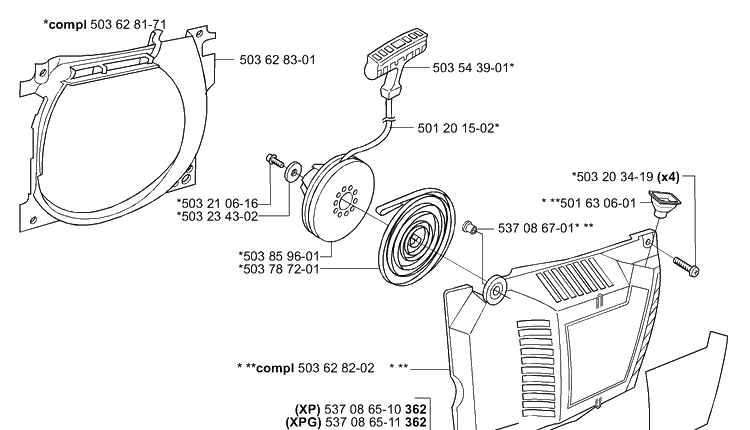 Starter Diagram and Parts List for 362EPA 2001-10 Husqvarna Chainsaw