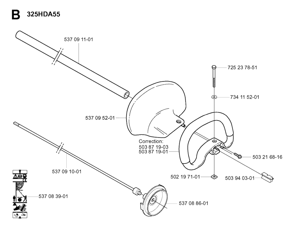 Shaft And Handle Diagram and Parts List for 325HDA55X 20011800001 - 20040100000 Husqvarna Hedge Trimmer