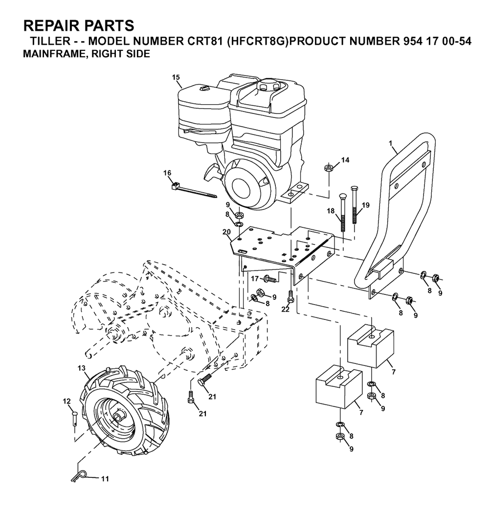 Mainframe, Right Side Diagram and Parts List for CRT81 (954170054-G)(2003-01) Husqvarna Tiller
