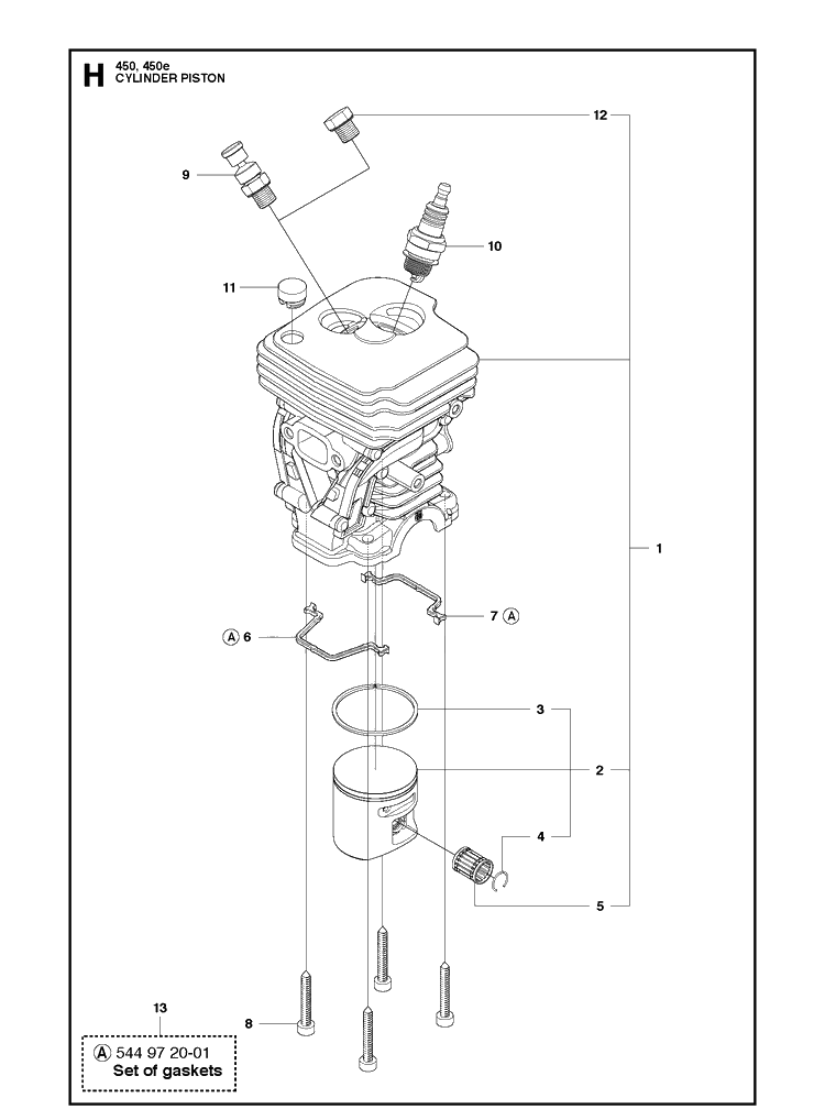 Cylinder Piston Diagram and Parts List for 450E  Husqvarna Chainsaw