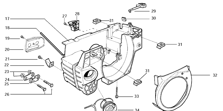 Crankcase Diagram and Parts List for 141 20030100001-20040100000 Husqvarna Chainsaw