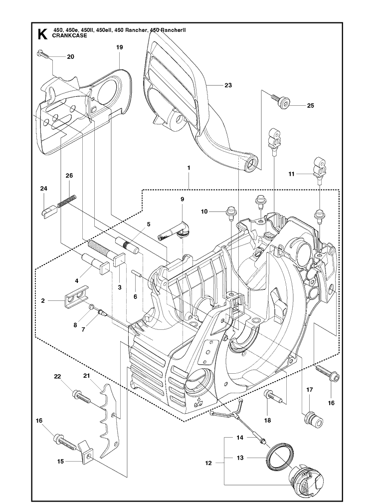 Crankcase Diagram and Parts List for 450II RancherII Husqvarna Chainsaw