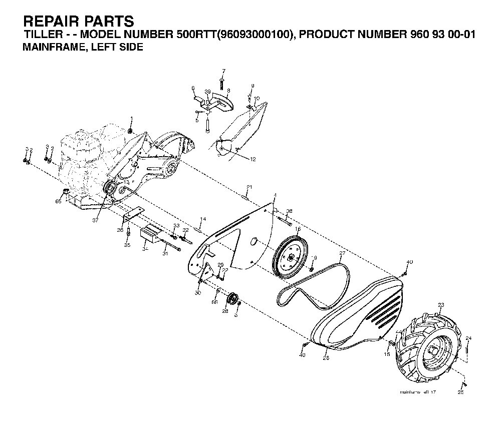 Mainframe, Left Side Diagram and Parts List for 500RTT (96093000100)(2004-11) Husqvarna Tiller