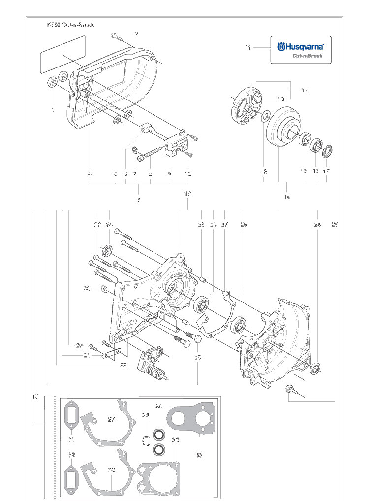 Clutch And Belt Guard And Crankcase Assembly And Gasket Kit Diagram and Parts List for K760CUT-N-BREAK 2009-11 Husqvarna Table Saw Accessories