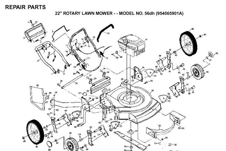 Product Complete Diagram and Parts List for 51D (954065701A)(1994-07) Husqvarna Lawn Mower