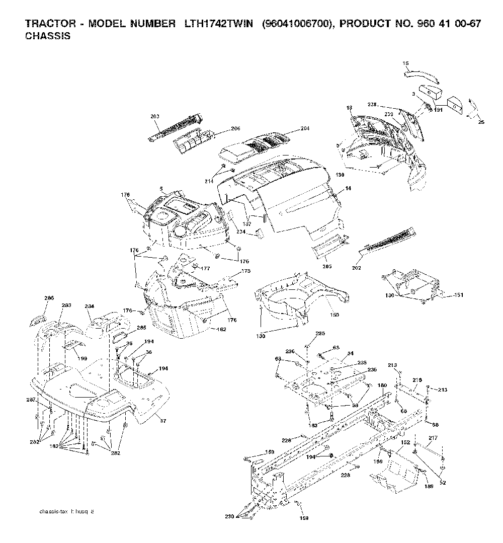 Chassis And Enclosures Diagram and Parts List for LTH1742TWIN (96041006700)(2008-01) Husqvarna Lawn Tractor