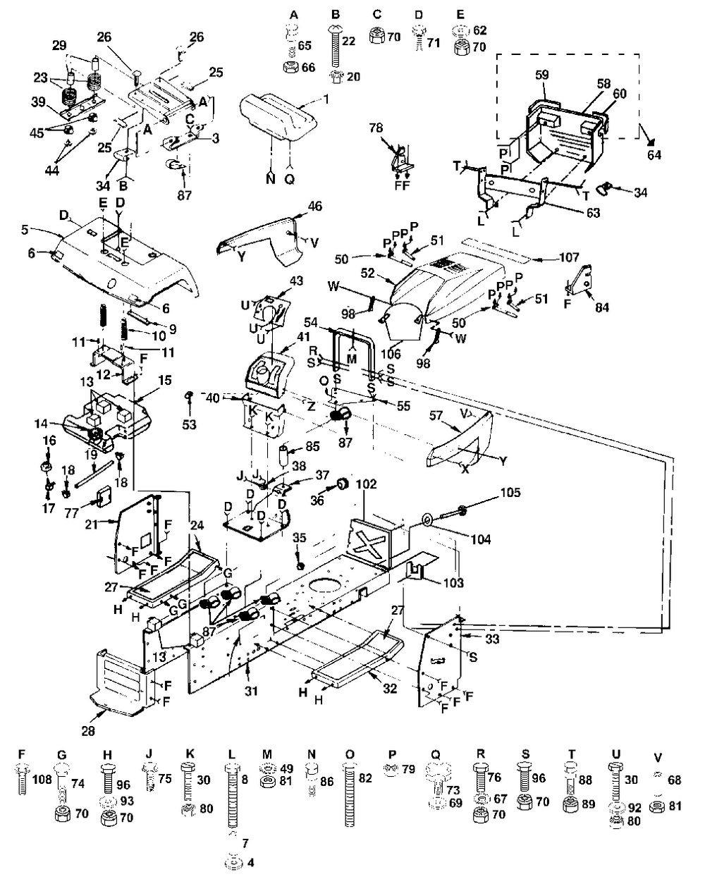 Chassis And Enclosures (Part 1) Diagram and Parts List for YT161H (127589)(1990-11) Husqvarna Lawn Tractor